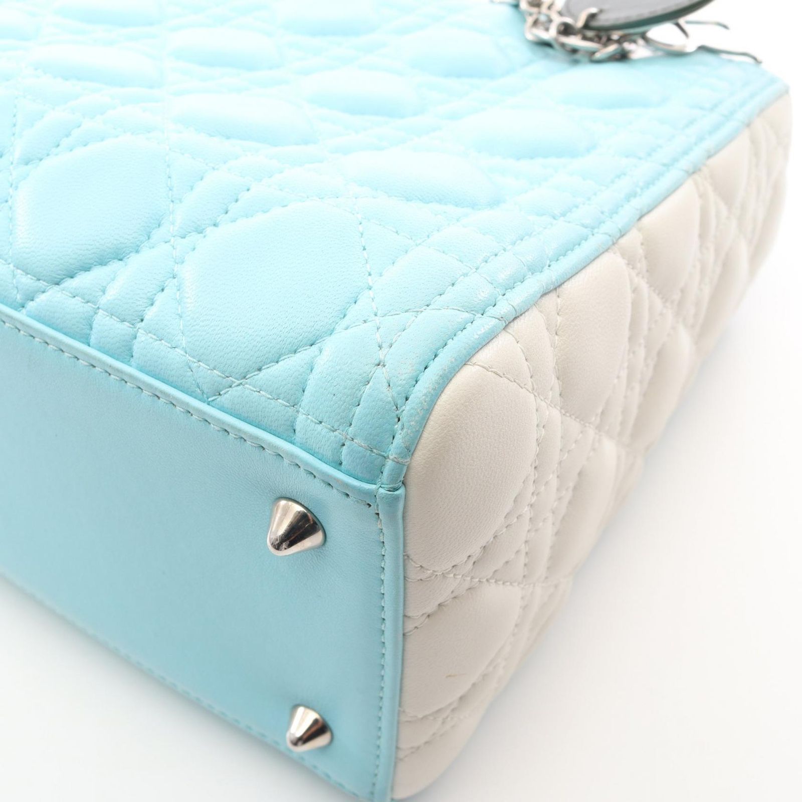 Dior Handbag Lady Dior Cannage Light Blue Ivory Green Leather Tote