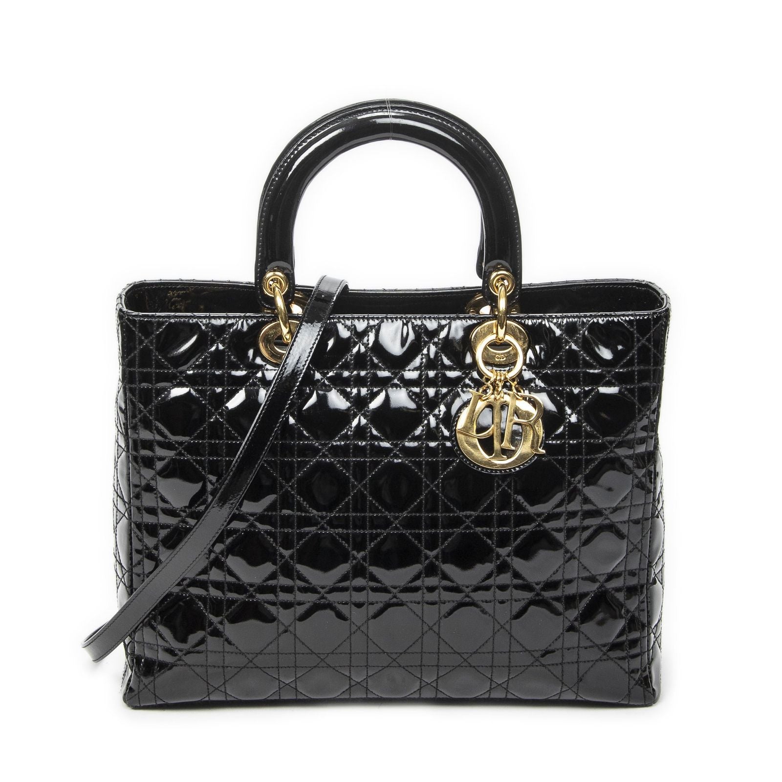 Dior Large Lady Dior Zip Black Cannage Patent Leather Handbag