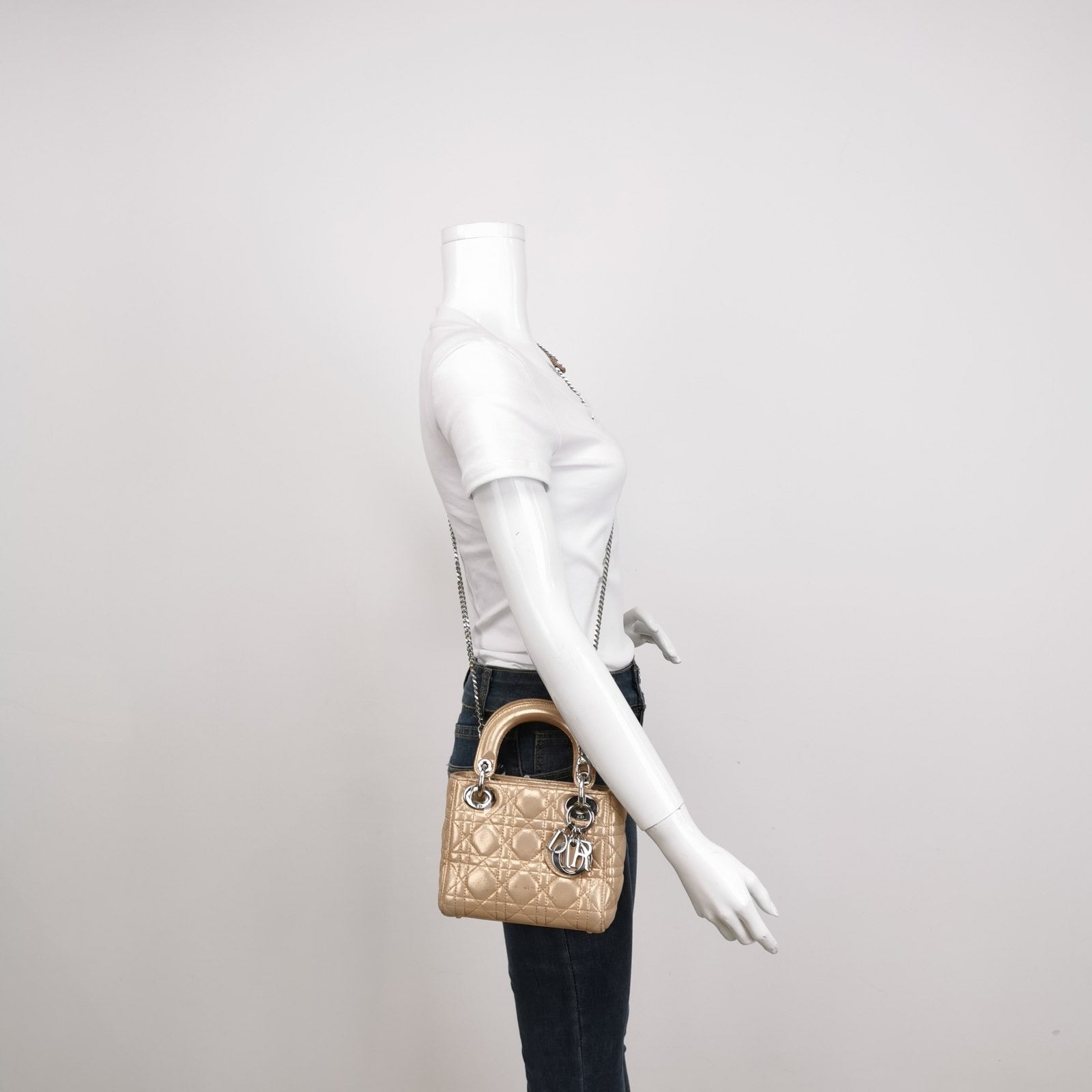 Lady Dior Mini Gold Textile Cannage handbag with strap