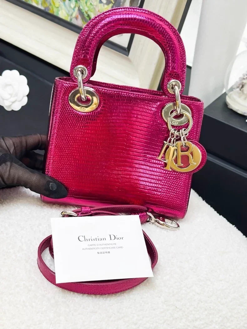 Lady Dior mini lizard skin electric rose pink