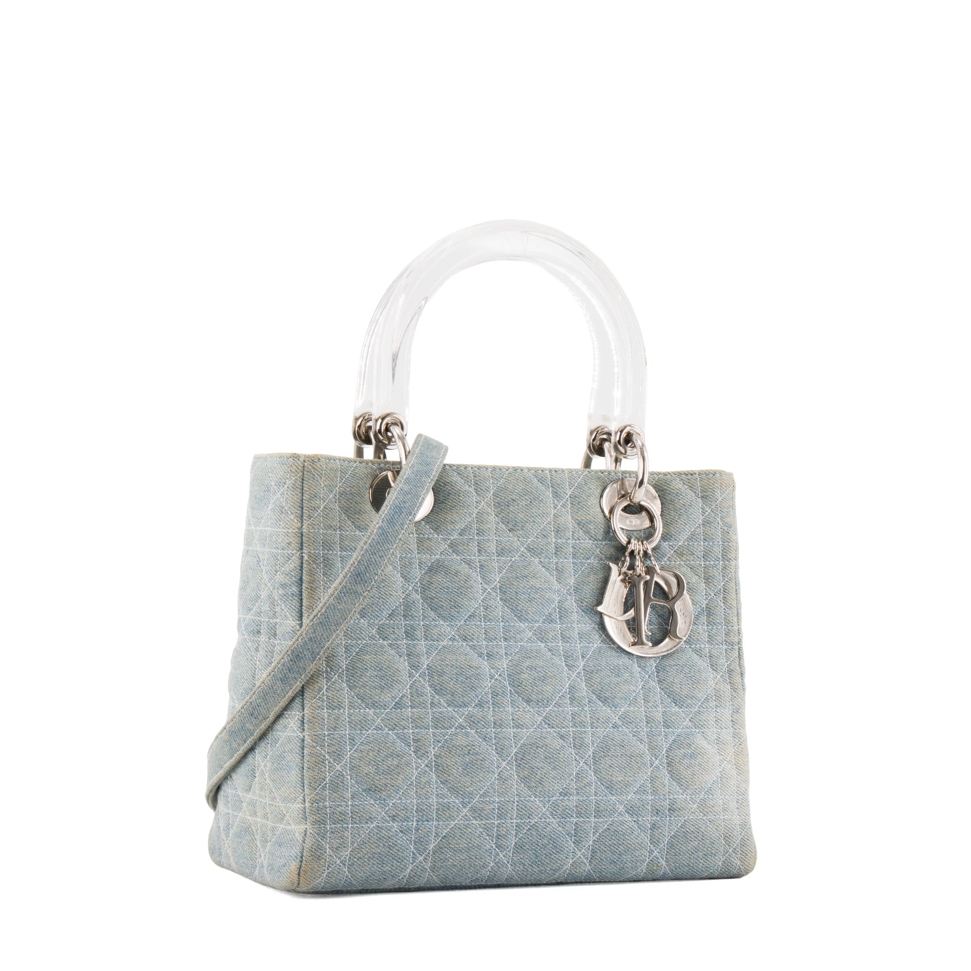 DIOR - Vintage Light Blue Cannage Denim Lady Dior Medium Handbag